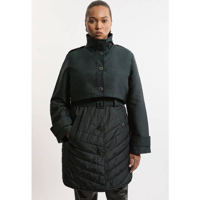Plus Size Lightweight Padded Hybrid Short Trench Coat - Black