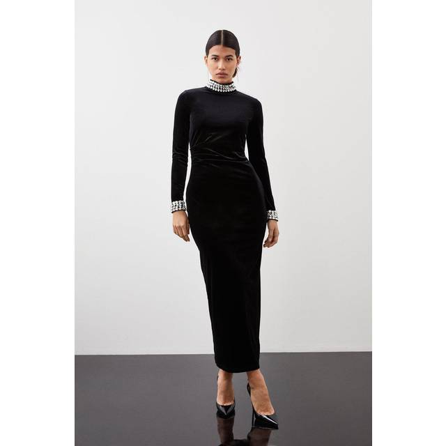 Stretch Velvet Crystal Embellished Long Sleeve Maxi Dress - Black