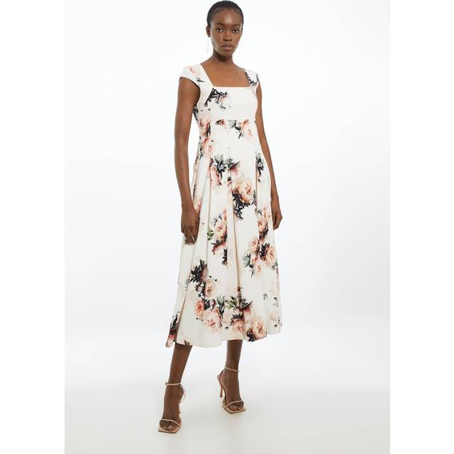 Viscose Satin Back Crepe Peony Tailored Square Neck Full Skirted Midi Dress - Floral