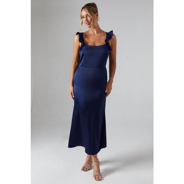 Oasis Womens Ruffle Square Neck Satin Bridesmaids Midi Dress - Navy - Size 6 UK