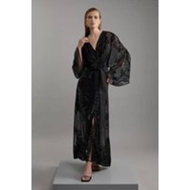 Feather Devore Woven Kimono Maxi Dress - Black