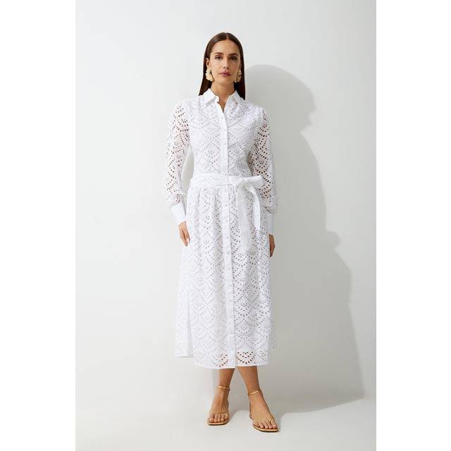 Petite Cotton Broderie Long Sleeve Woven Maxi Dress - White