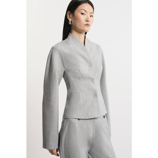 Tailored Fitted Waist Collarless Jacket - Grey Marl