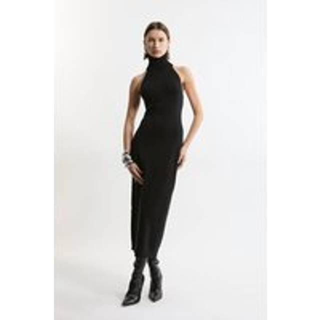 Sleeveless Viscose Blend Roll Neck Knit Maxi Dress - Black