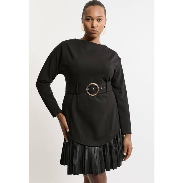 Plus Size Belted Pu And Ponte Jersey Frill Hem Mini Dress - Black