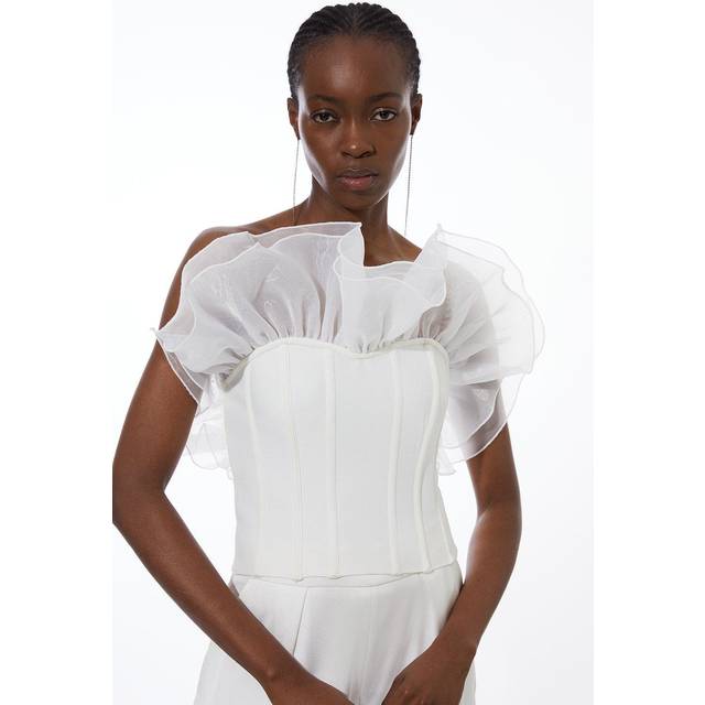 Figure Form Bandage Knit Organza Frill Detail Top - Cream