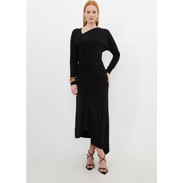 Jersey Crepe Ruched Long Sleeve Maxi Dress - Black