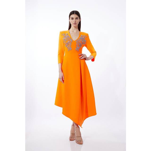 Bandage Form Fitting Asymmetric Embellished Knit Dress - Orange