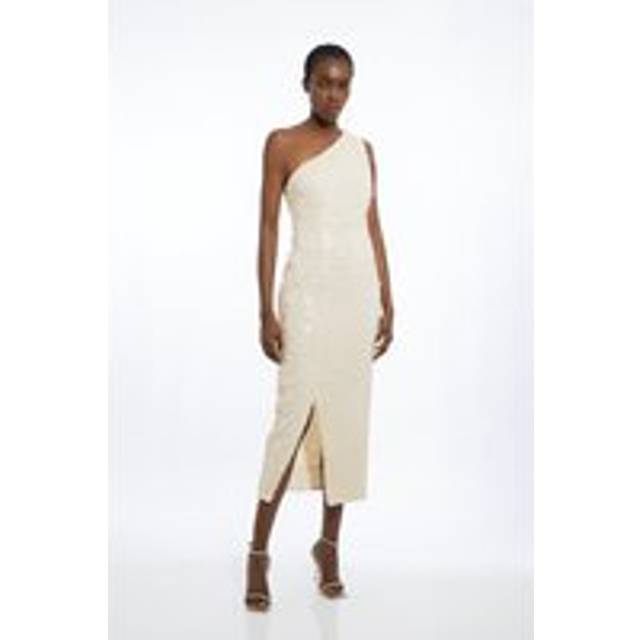 Layered Sequin One Shoulder Woven Split Midi Dress - White