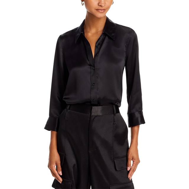 Dani Silk Satin 3/4-Sleeve Button-Down Blouse - BLACK - X-Large