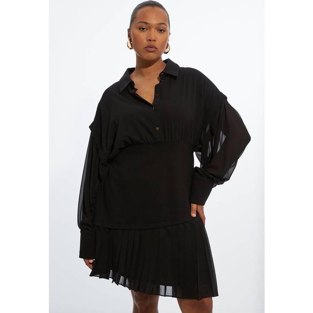 Plus Size Jersey And Georgette Mix Pleated Mini Shirt Dress - Black