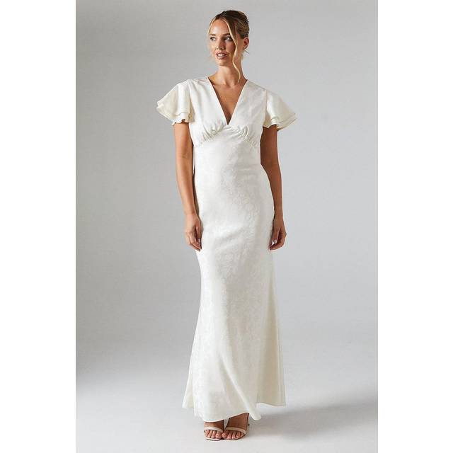 Oasis Womens V Neck Angel Sleeve Satin Jacquard Bridesmaids Dress - Champagne - Size 10 UK