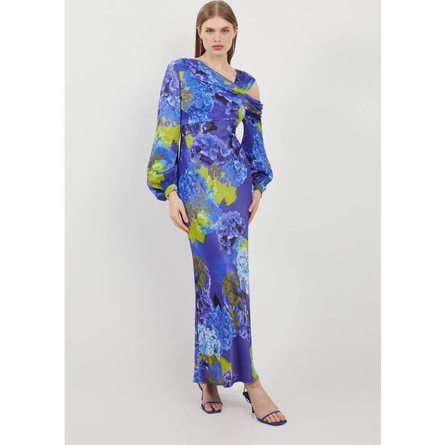 Bright Floral Print Satin Cold Shoulder Draped Midi Dress - Purple