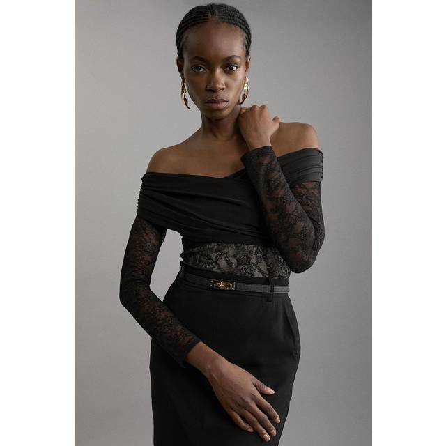 Lace And Jersey Crepe Bardot Bodysuit - Black