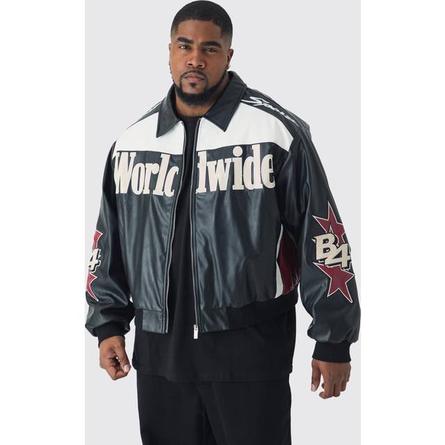 Mens Plus Oversized Worldwide Collared PU Bomber Jacket In Black