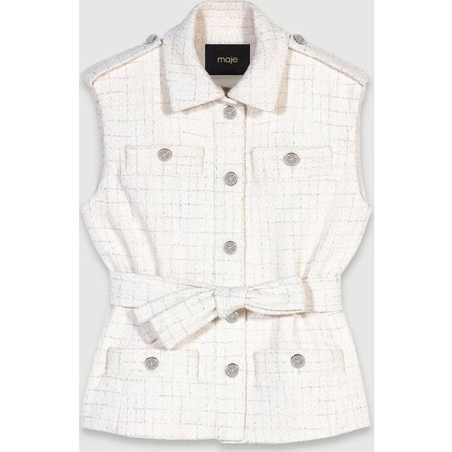 Maje Womens Blanc Tie-waist Sleeveless Stretch-tweed Jacket 12 - BLANC