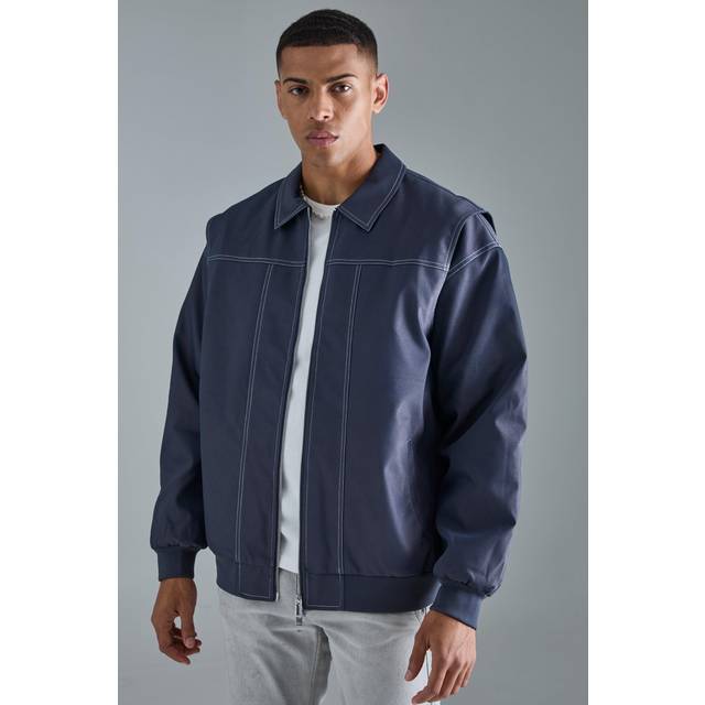Mens Oversized PU Panel Detail Bomber Jacket In Navy