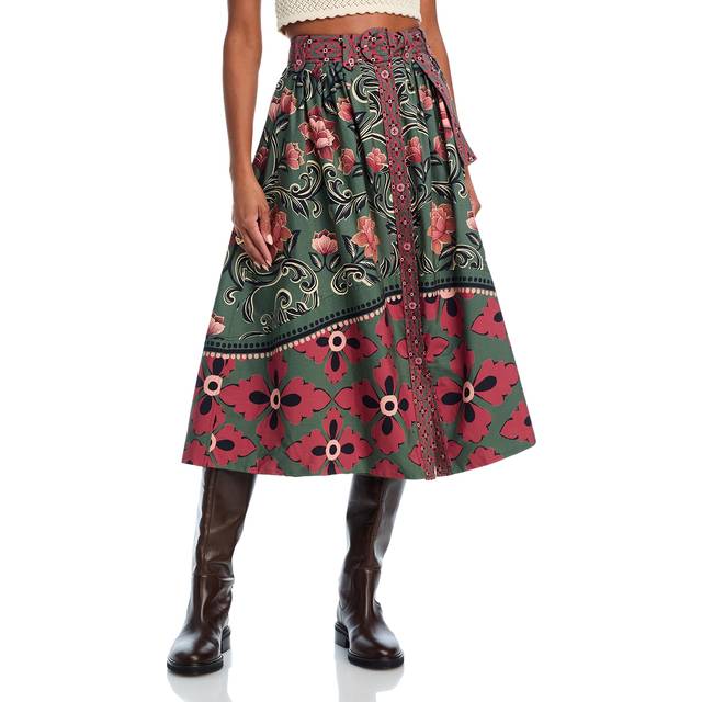 Arabesque Floral Green Buttons Midi Skirt, ARABESQUE FLORAL GREEN / XL