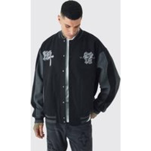 Mens Tall Oversized Official Colour Block Varsity Jacket In Black