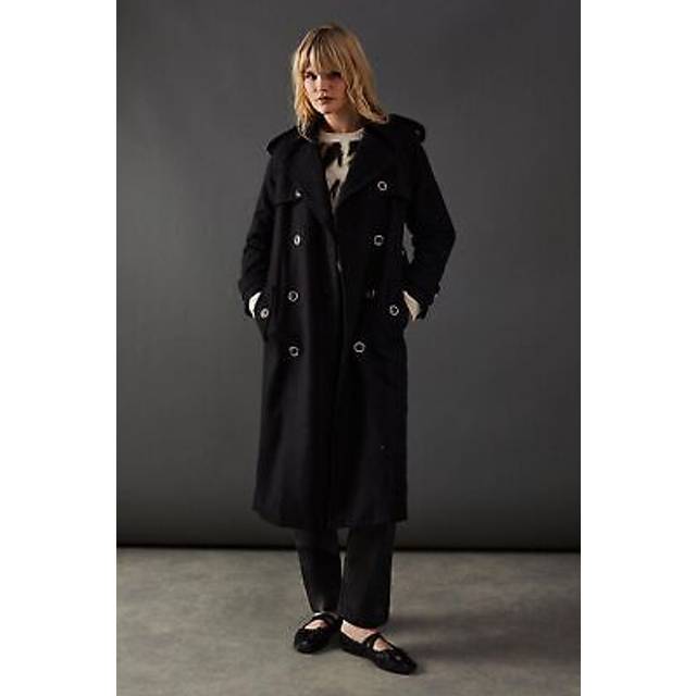 Womens Wool Mix Belted Trench Coat - Black - 8