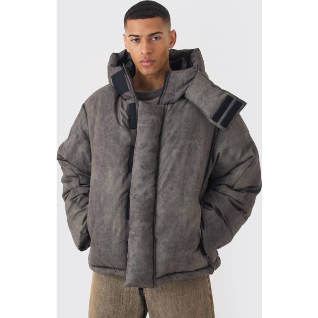 Oversized Extreme Padded Washed Hooded Puffer Coat In Khaki - Green - M