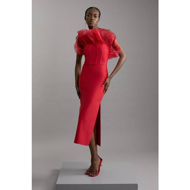 Bandage Figure Form Organza Frill Knit Midi Dress - Red