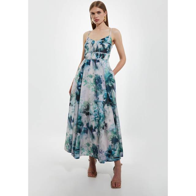 Watercolour Cotton Voile Strappy Woven Maxi Dress - Blue