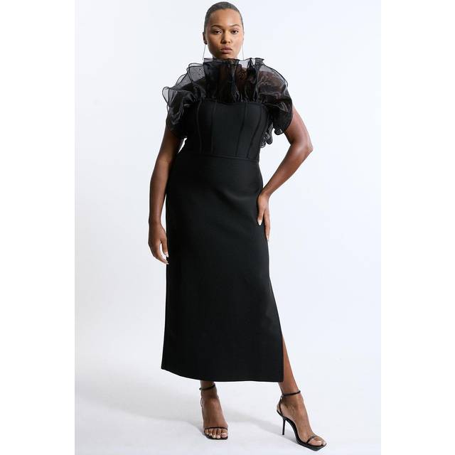 Plus Size Bandage Figure Form Tulle Frill Maxi Dress - Black