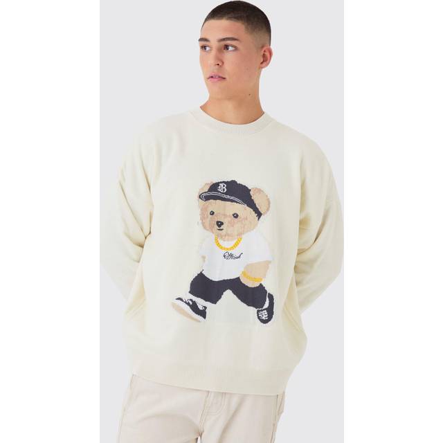 Mens Ecru Oversized Teddy Graphic Jumper
