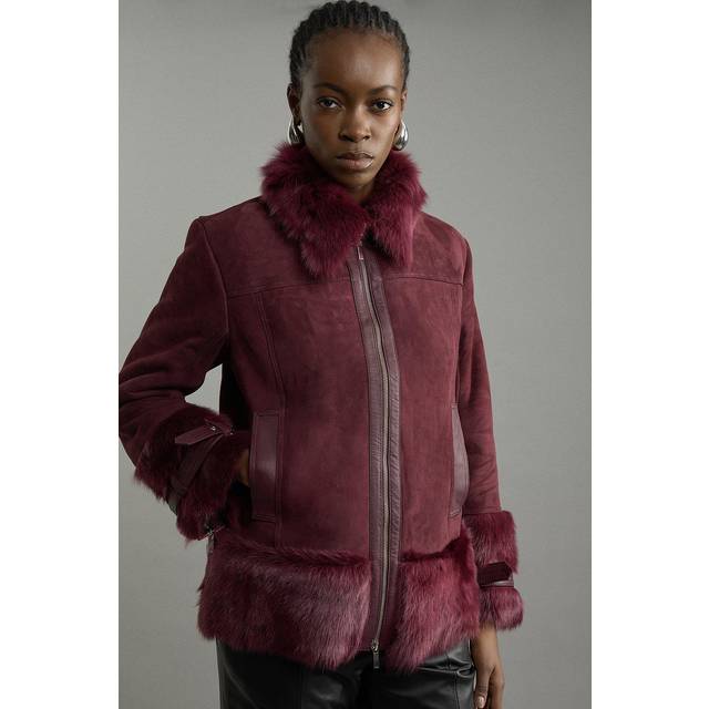 Shearling Buckle Detail Zip Through Coat - Red