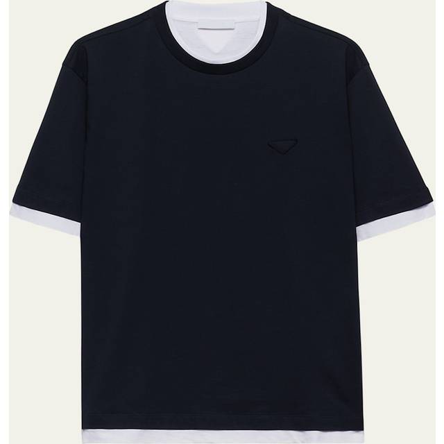 Prada Mens Blue Boxy-fit Layered Cotton T-shirt Xl