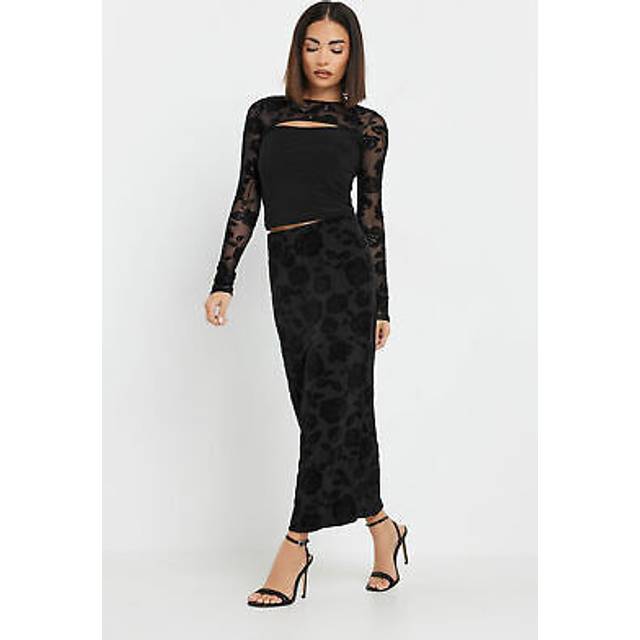 Pixiegirl Petite Black Velvet Rose Detailed Skirt 8 Pixiegirl | Petite Women's Maxi Skirts