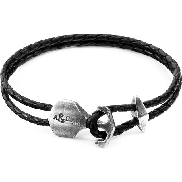 Coal Black Delta Anchor Silver and Braided Leather Bracelet