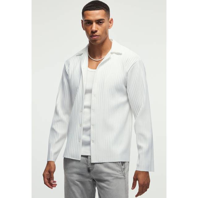 Regular Fit Revere Pleated Long Sleeve Shirt - White - XL