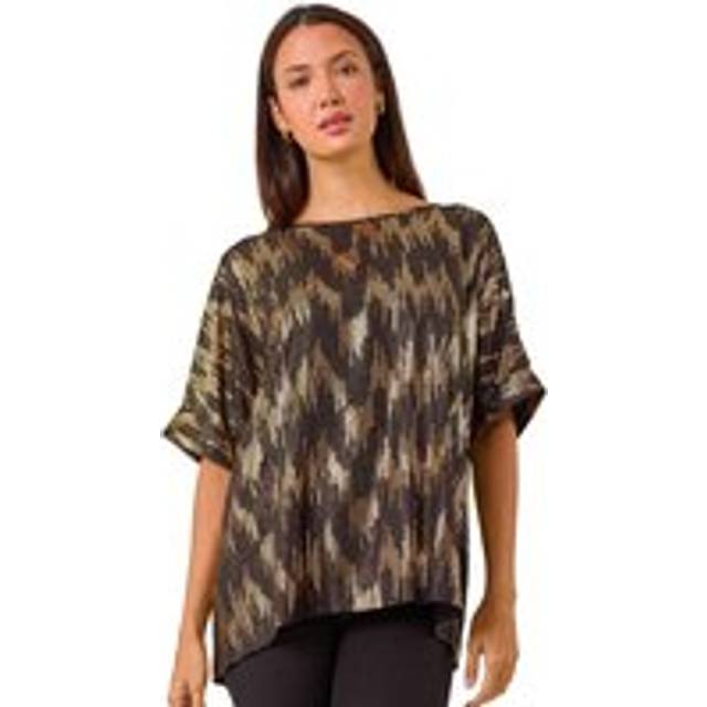 Roman Womens Foil Print Button Detail Oversized Tee - Black - Size 16 UK
