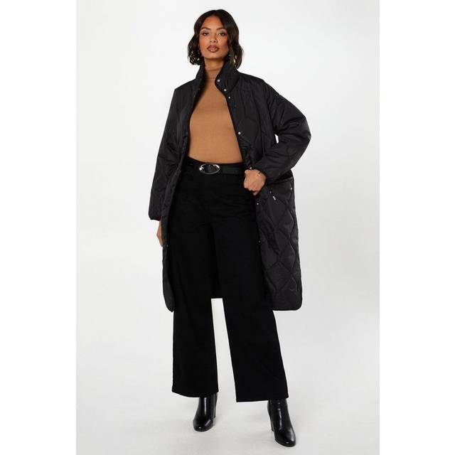 Womens Drawstring Waist Quilted Padded Puffer Coat - Black - 12