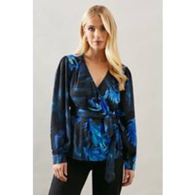 Womens Petite Blue Abstract Floral Woven Drape Wrap Top - Black - 18