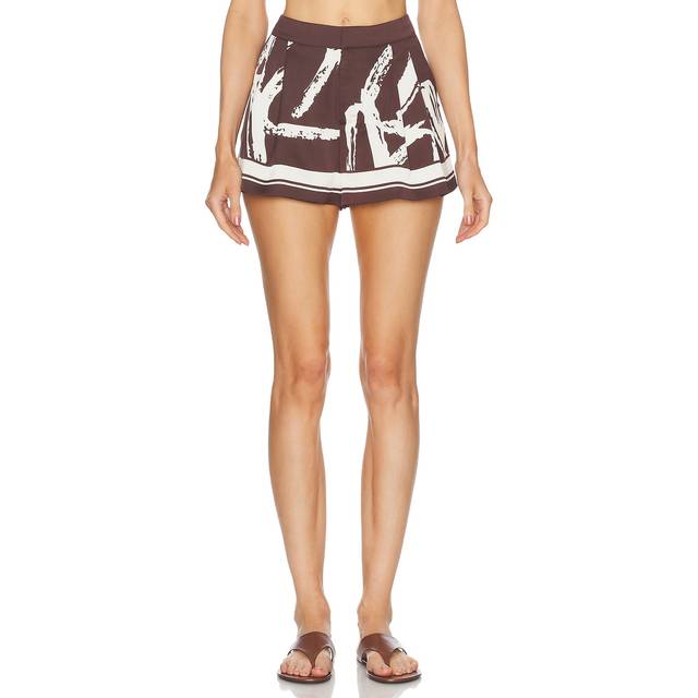 SER.O.YA Cruise Satin Pleated Short in Coconut Script - Brown. Size XL (also in L). (XL)