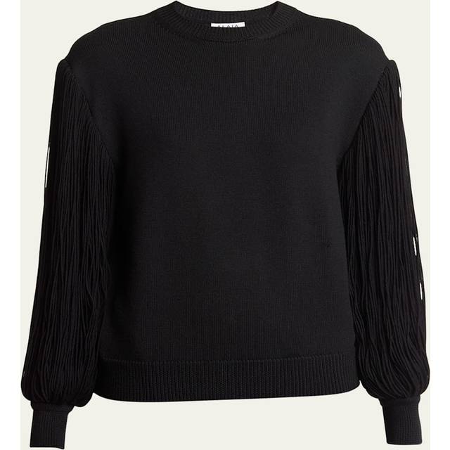 Slit Fringe Sleeve Wool Crewneck Sweater - NOIR ALAIA - 42 FR (10 US)