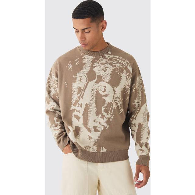 Oversized Renaissance Face Knit Jumper - Beige - XL