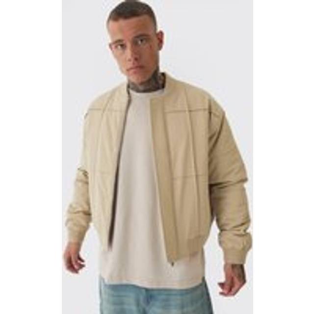 Mens Tall Boxy Panel Padded Nylon Bomber Jacket In Stone