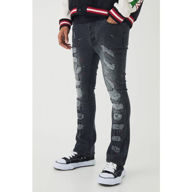 Mens Washed Black Skinny Flared Ripped Stitch Detail Paint Splatter Jeans