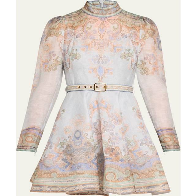 Zimmermann Womens Blue Paisley Eden Belted Flower-and-paisley-print Linen and Silk-blend Mini Dress M - BLUE PAISLEY