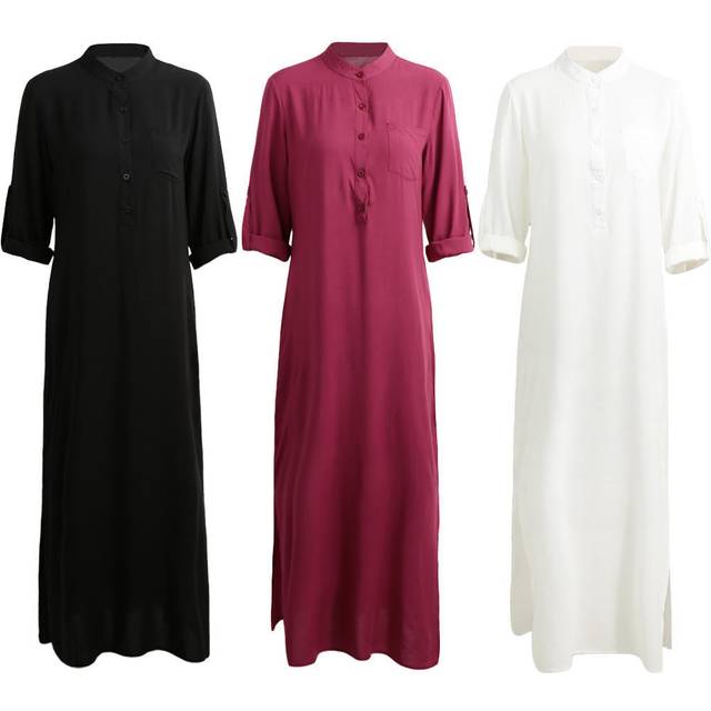 Women Retro Long Maxi Elegant Sexy Ladies Long Sleeve Stand Collar Long Line Split Shirt Dress S burgundy