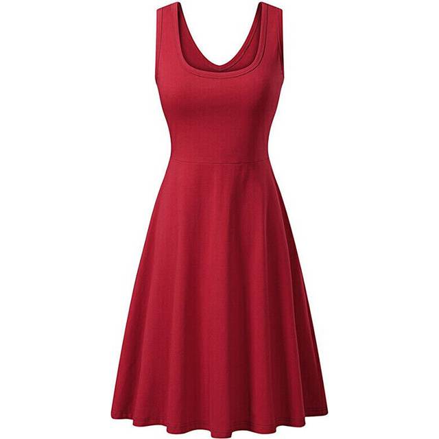 (Red, Tag Size M=UK Size 8) Womens Sleeveless Solid Vest Swing Dress Ladies Casual Slim Fit Beach Sundress