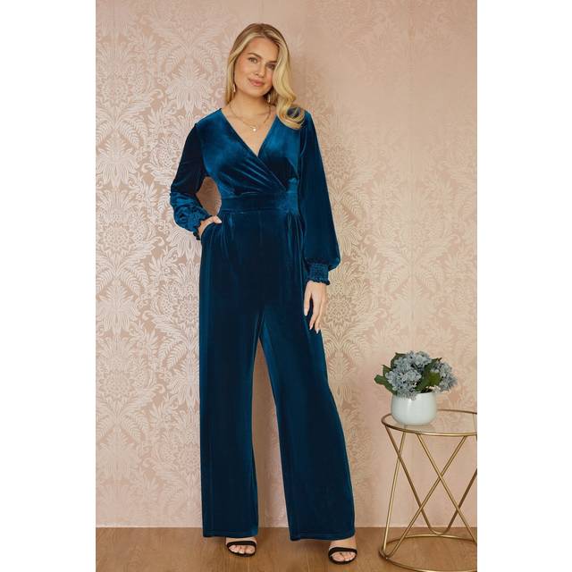 Yumi Teal Velvet Long sleeve Jumpsuit - Size 12 UK - Yumi