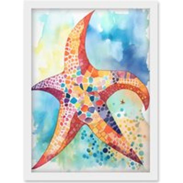Abstract Mosaic Starfish Folk Art Artwork Framed Wall Art Print A4 - White - One Size
