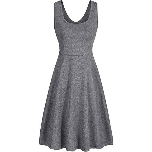 (Grey, Tag Size S=UK Size 6) Womens Sleeveless Solid Vest Swing Dress Ladies Casual Slim Fit Beach Sundress
