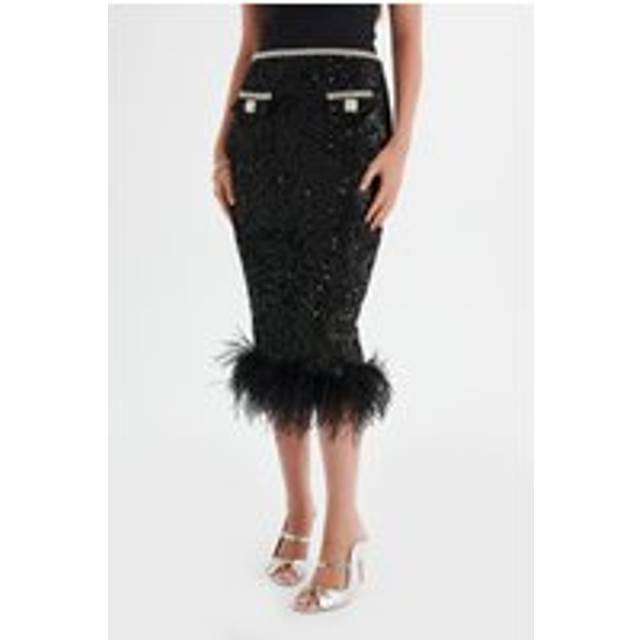 Lavish Alice KYLIE Sequin Boucle Feather Hem Midi Skirt in Black XS UK6