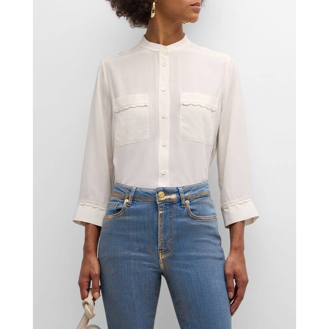 Scallop-Trim Silk Shirt - CREAM - X-Small
